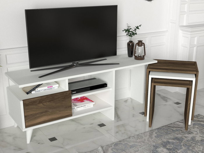 Hanah Home Mueble de TV Escandinavo Blanco y Nogal con Mesas de Centro
